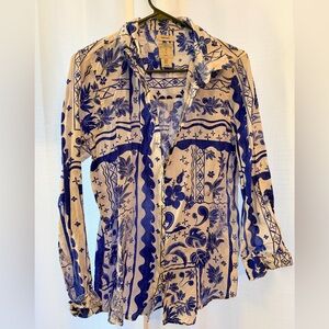 Floral Blue and Cream Women's Joie 100% Linen Top